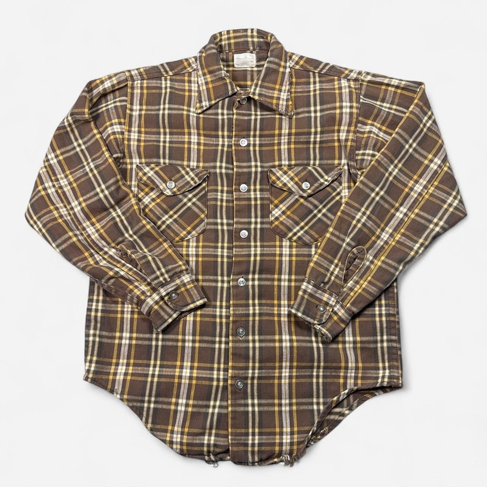Vintage 70s OshKosh brown & mustard plaid cotton flannel shirt, size S